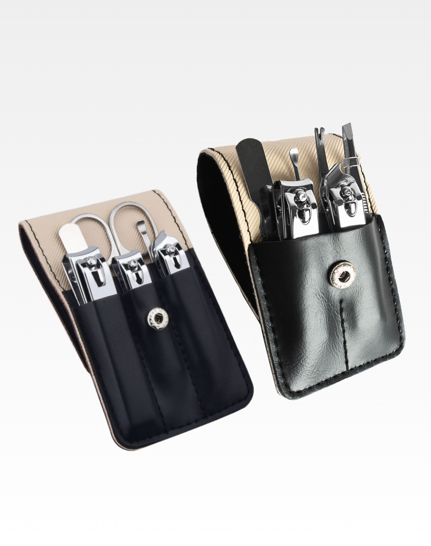 Nethers Voyage 6 In 1 (with Scissors / Tweezer) Standard Stainless Steel Manicure / Nail Clipper Set With Soft Faux Leather Carrier Case - Black