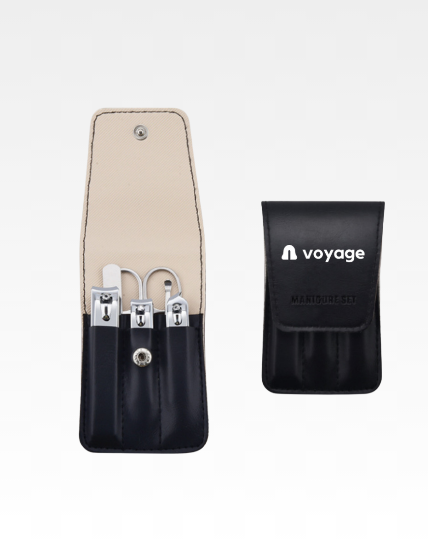 Nethers Voyage 6 In 1 (with Scissors / Tweezer) Standard Stainless Steel Manicure / Nail Clipper Set With Soft Faux Leather Carrier Case - Black